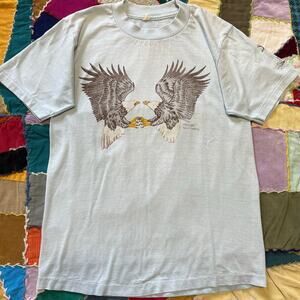 Vintage Harlequin 2 Bald Eagles Faded Out Baby Blue Shirt Medium